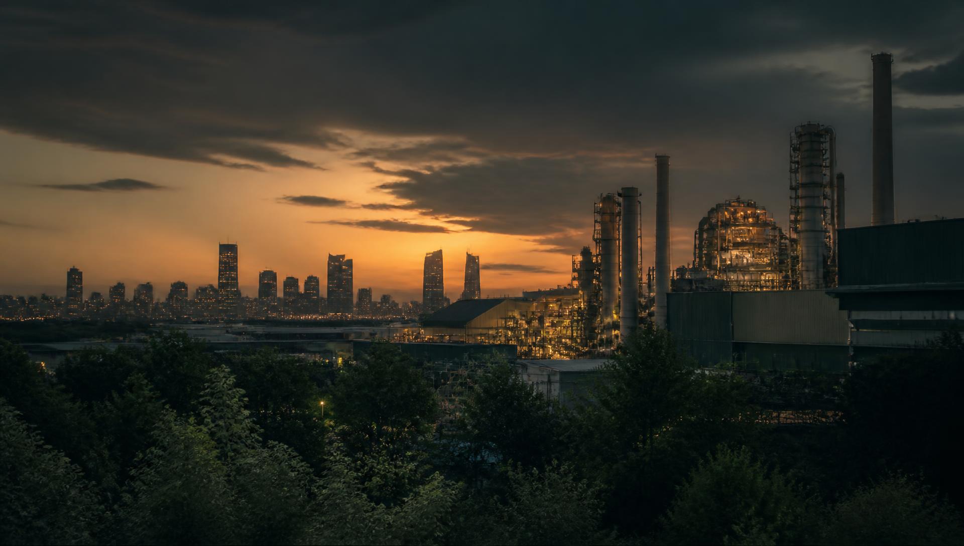 Industrial manufacturing facility at dusk beside a modern city skyline