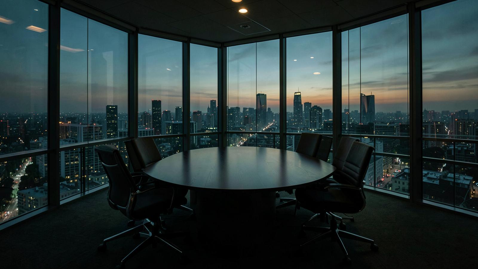 Boardroom overlooking a city skyline at dusk
